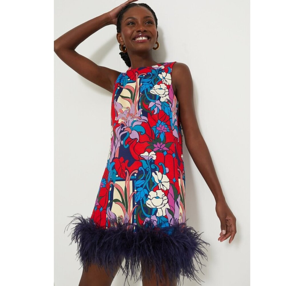 Tuckernuck Multicolor Floral Shift Dress with Navy Feather Hem